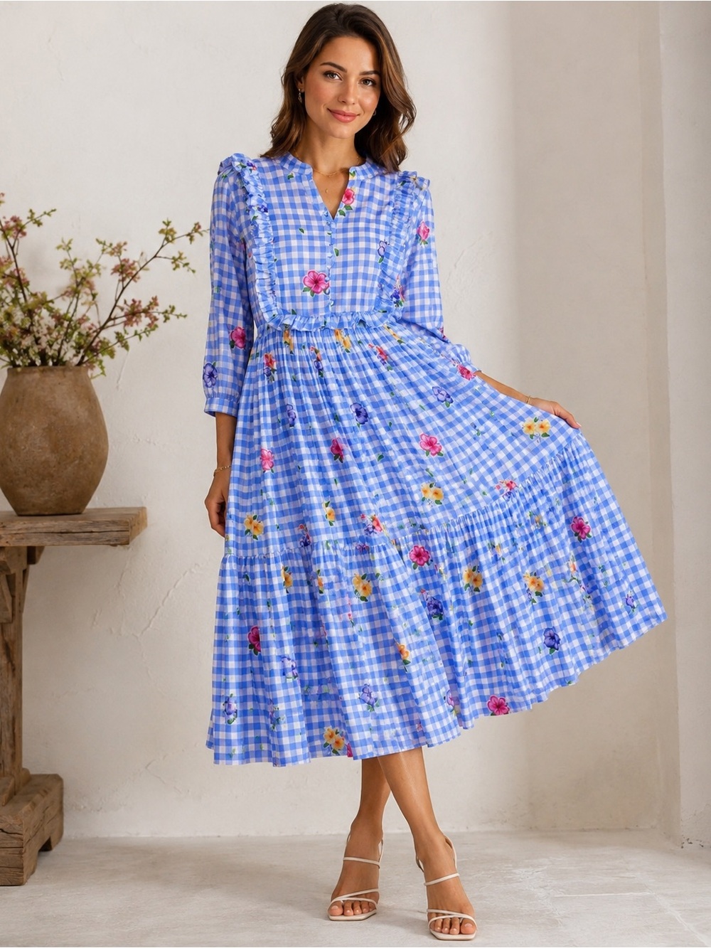 Light Blue Gingham Midi Dress with Floral Print - Picture 6 of 6